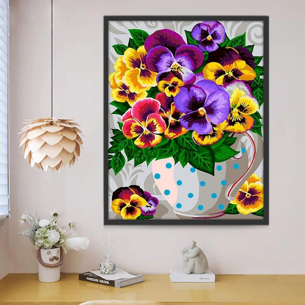 Flores de Pensamiento en Florero Blanco con Puntos Azules Pintar por Números