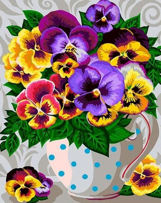 Flores de Pensamiento en Florero Blanco con Puntos Azules Pintar por Números