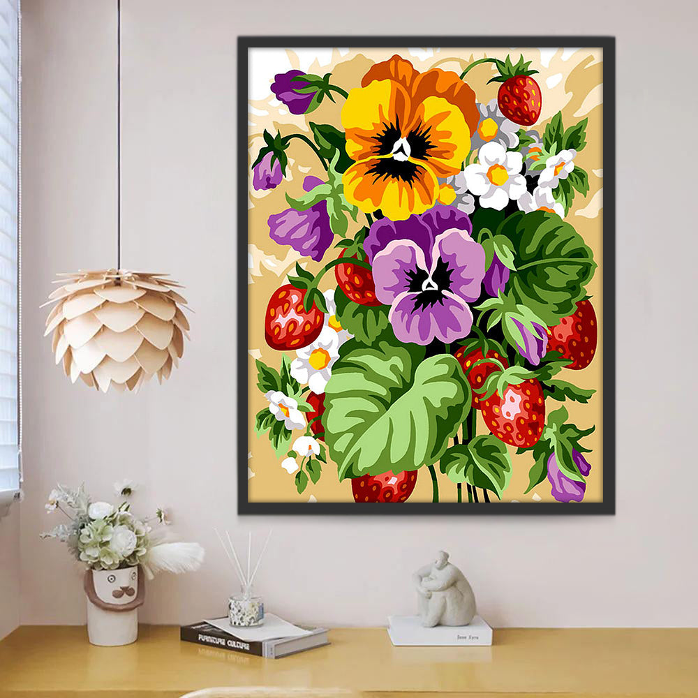 Flores de Pensamiento y Fresas Rojas y Camomilas Pintar por Números