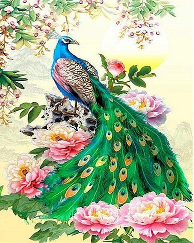Flores de Peonía con Pavo Real Pintar por Números