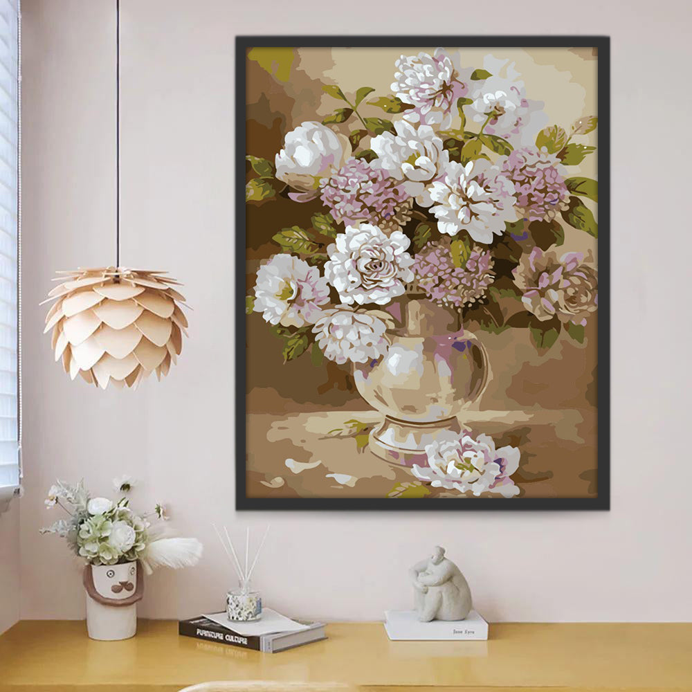 Flores de Peonía de Colores Claros en Jarrón de Vidrio Pintar por Números