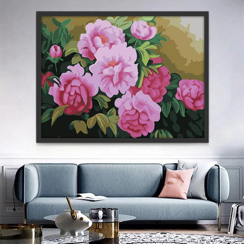 Flores de Peonía Rosada entre Hojas Verdes Pintar por Números