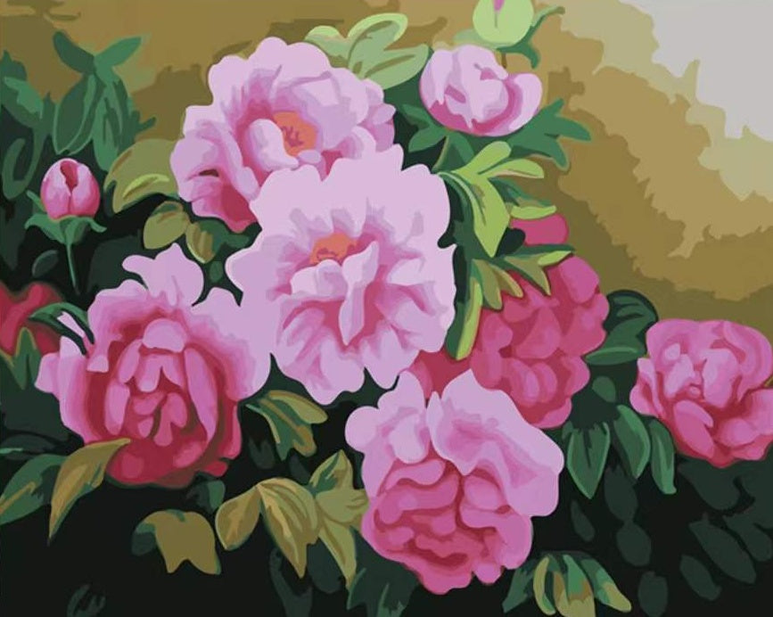 Flores de Peonía Rosada entre Hojas Verdes Pintar por Números