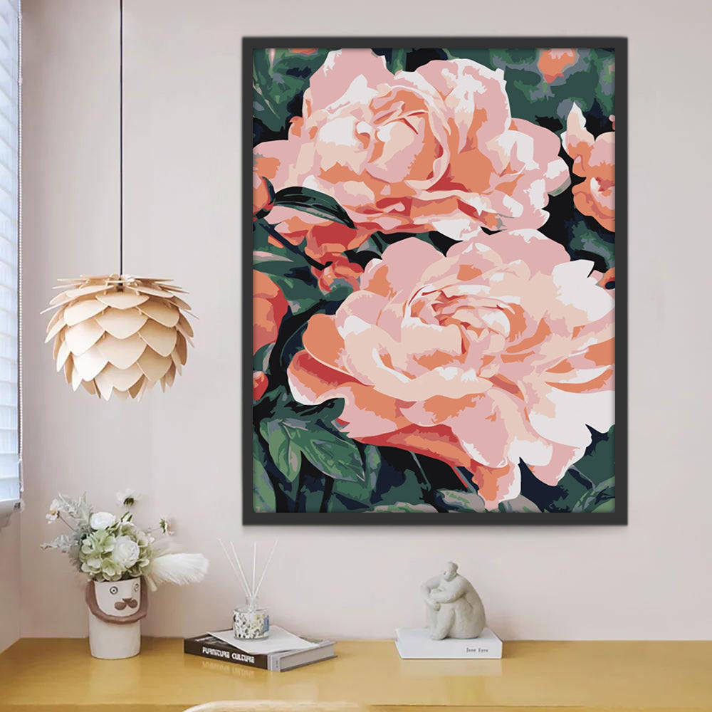 Flores de Peonías Rosadas entre Hojas Verdes Pintar por Números