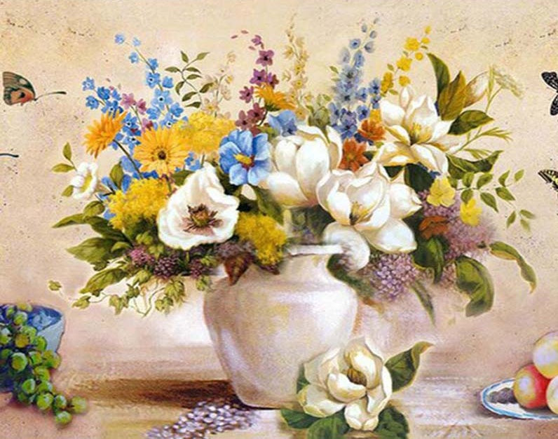 Flores Diversas en Florero Blanco y Frutas sobre Mesa Pintar por Números