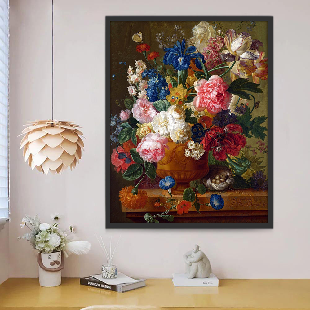 Flores Diversas en Florero Marrón de Porcelana Pintar por Números