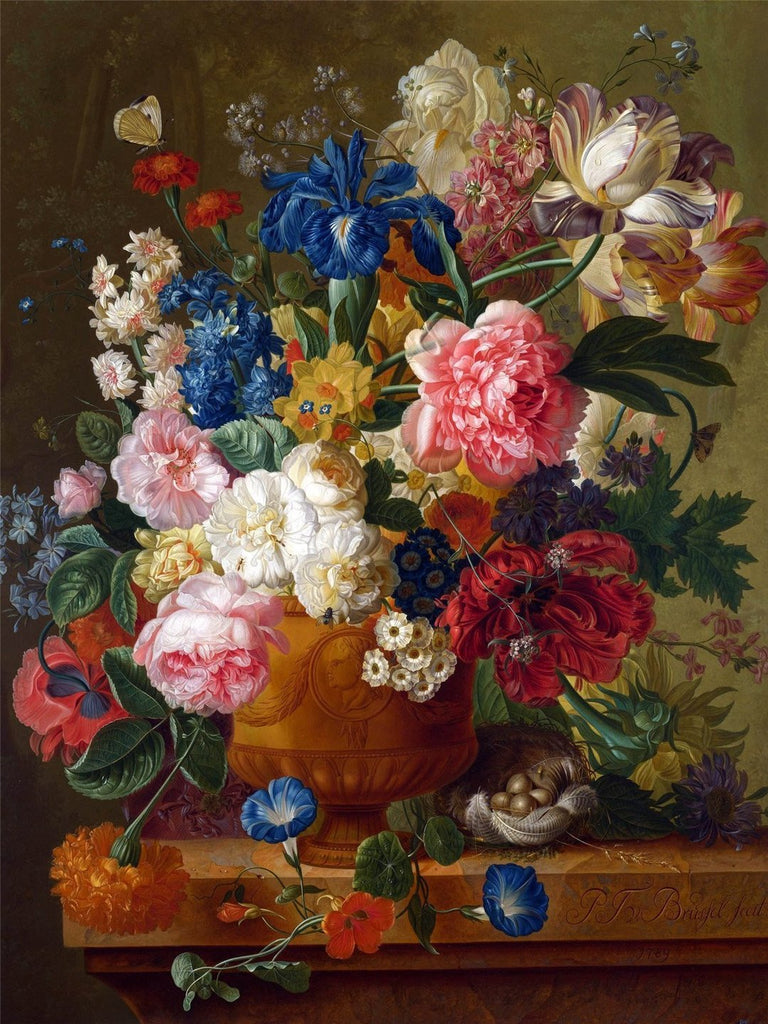 Flores Diversas en Florero Marrón de Porcelana Pintar por Números