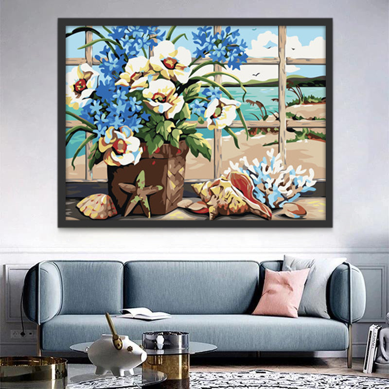 Flores en Cesta sobre Playa con Conchas de Mar Pintar por Números