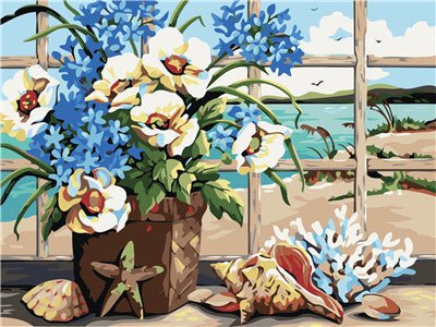 Flores en Cesta sobre Playa con Conchas de Mar Pintar por Números