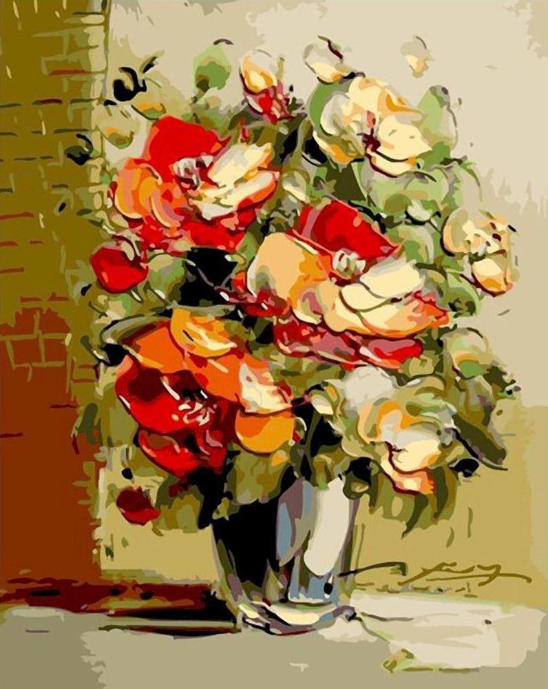 Flores en Florero al Lado de Esquina de Pared Pintar por Números