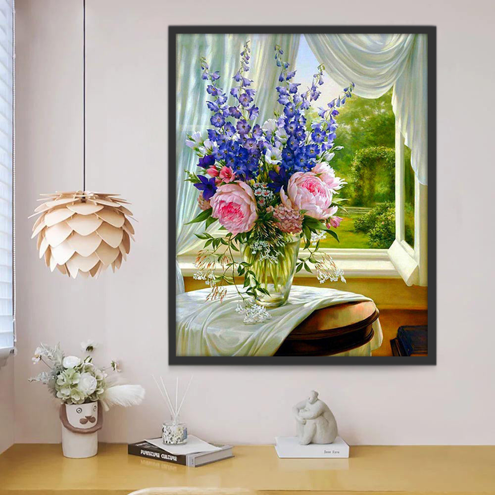 Flores en Florero al Lado de Ventana con Cortina Blanca Pintar por Números
