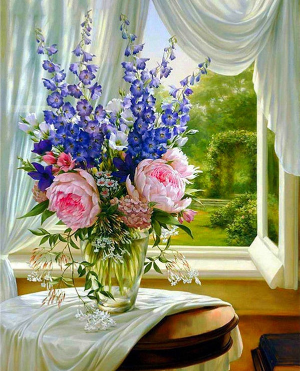 Flores en Florero al Lado de Ventana con Cortina Blanca Pintar por Números