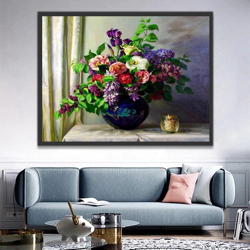 Flores en Florero Azul con Candela y Cortina Blanca Pintar por Números