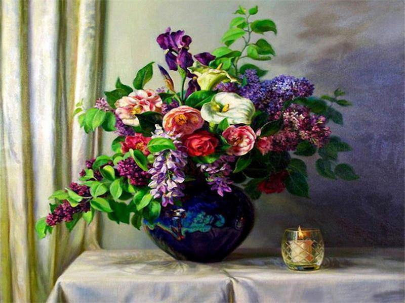 Flores en Florero Azul con Candela y Cortina Blanca Pintar por Números