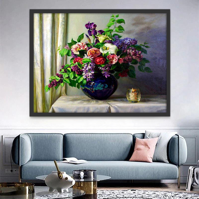 Flores en Florero Azul Oscuro Junto a la Ventana Pintar por Números
