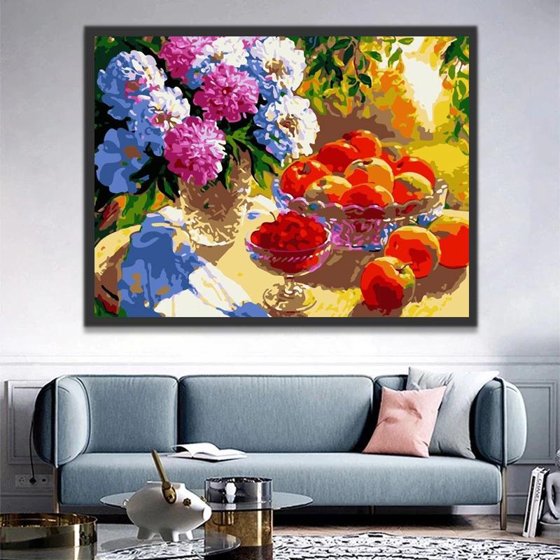 Flores en Florero con Frutas al Sol Pintar por Números
