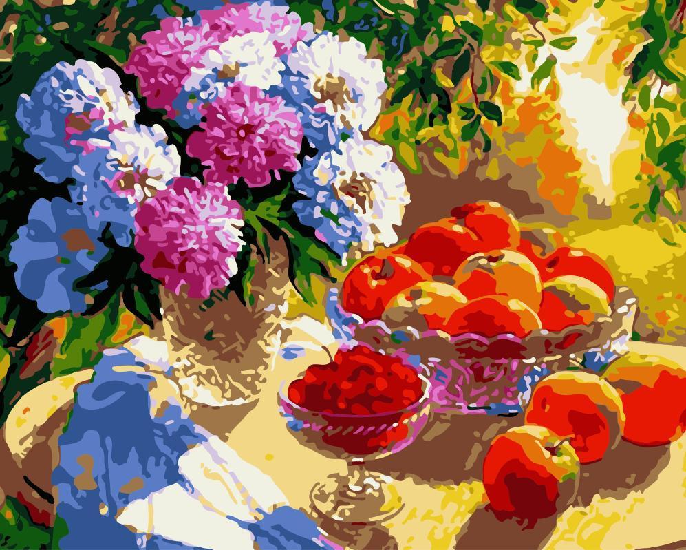 Flores en Florero con Frutas al Sol Pintar por Números