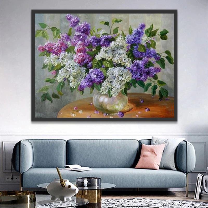 Flores en Florero de Cristal sobre Mesa de Madera Pintar por Números