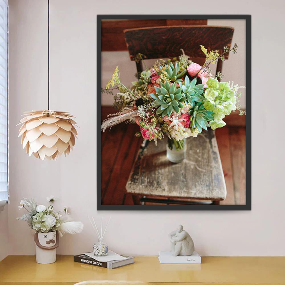Flores en Florero de Vidrio sobre Silla de Madera Pintar por Números