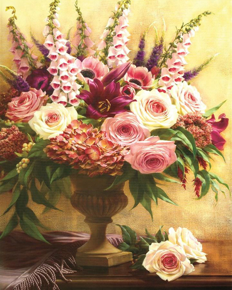 Flores en Florero y Rosas Blancas sobre Mesa Pintar por Números