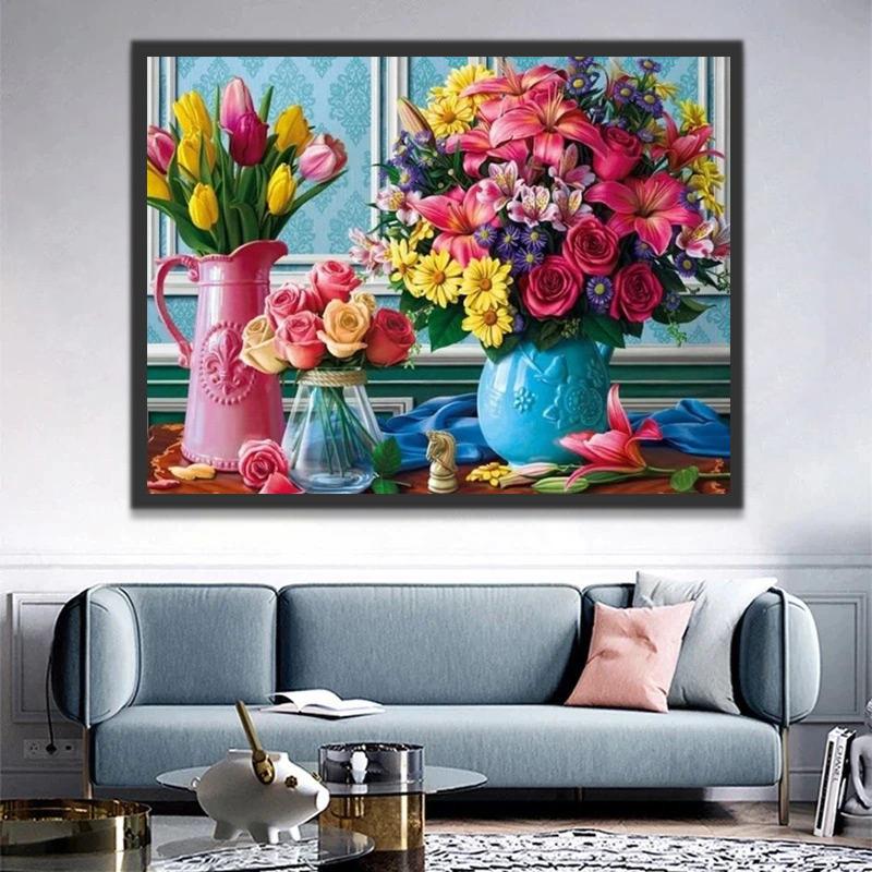 Flores en Floreros con Fondo de Pared Azul Pintar por Números