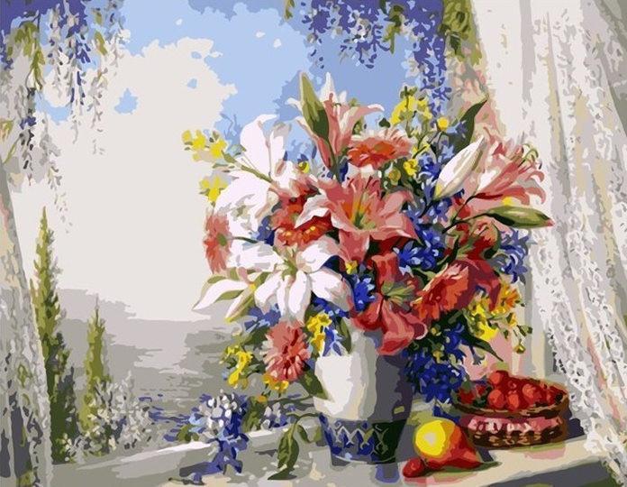 Flores en Jarrón de Céramica sobre Alféizar con Frutas Pintar por Números