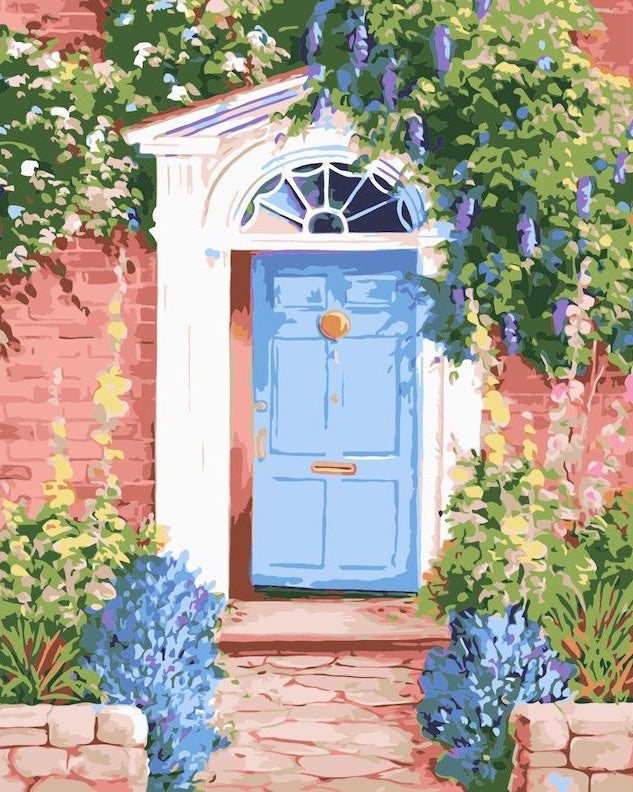 Flores en la Pared y Flores Azules Delante de la Puerta Pintar por Números