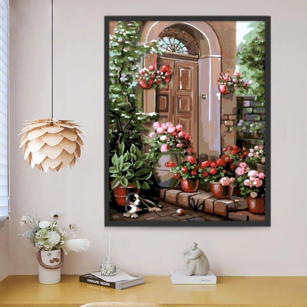 Flores en Macetas y Perrito Delante de la Puerta Pintar por Números