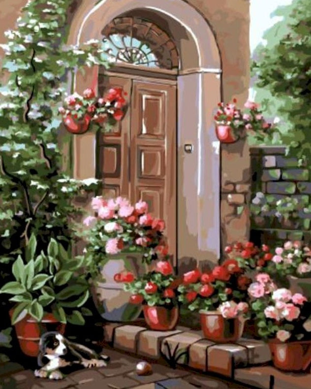 Flores en Macetas y Perrito Delante de la Puerta Pintar por Números