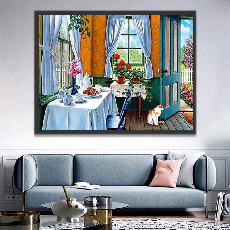 Flores en Mesa de Comedor y Gato al Lado de Puerta Pintar por Números
