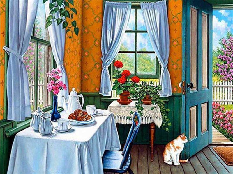 Flores en Mesa de Comedor y Gato al Lado de Puerta Pintar por Números
