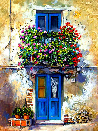 Flores Florecientes sobre Puerta Azul Pintar por Números