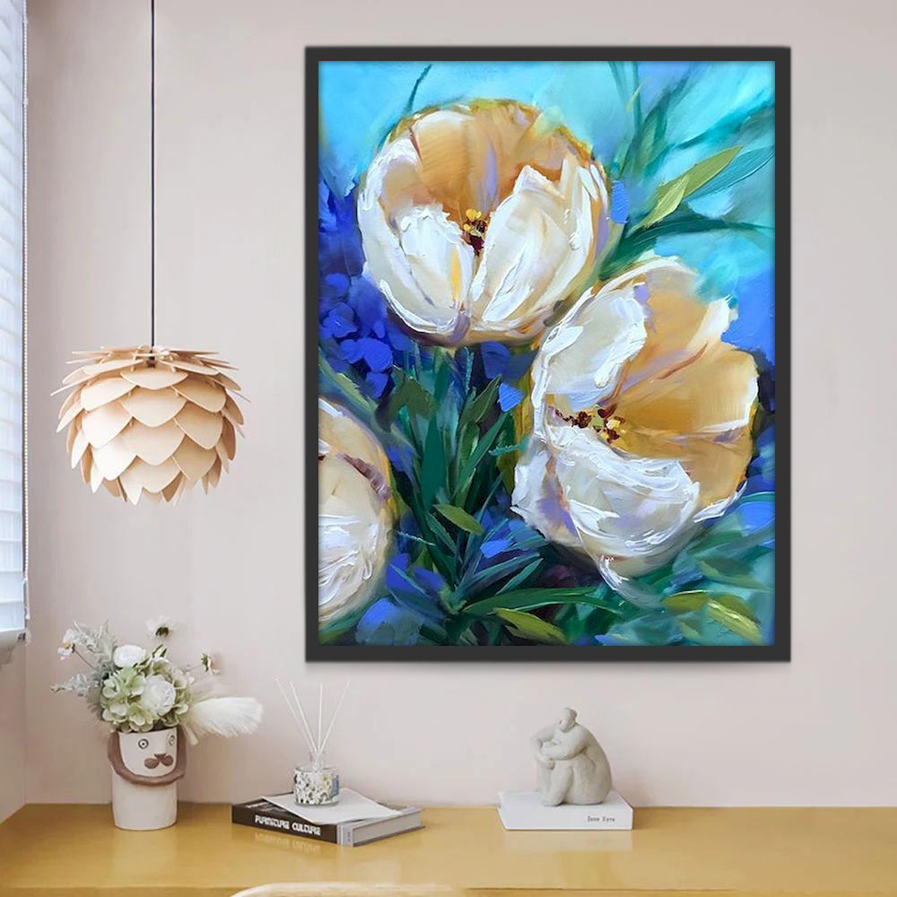 Flores Hermosas Blancas y Azules en la Noche Pintar por Números