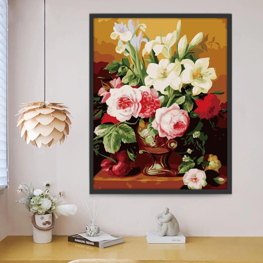 Flores Hermosas de Color Blanco y Rosado en Florero Pintar por Números