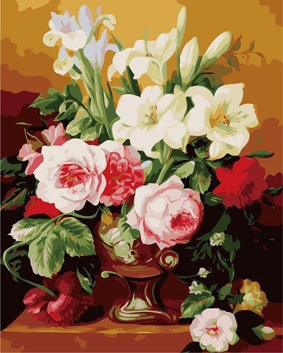 Flores Hermosas de Color Blanco y Rosado en Florero Pintar por Números