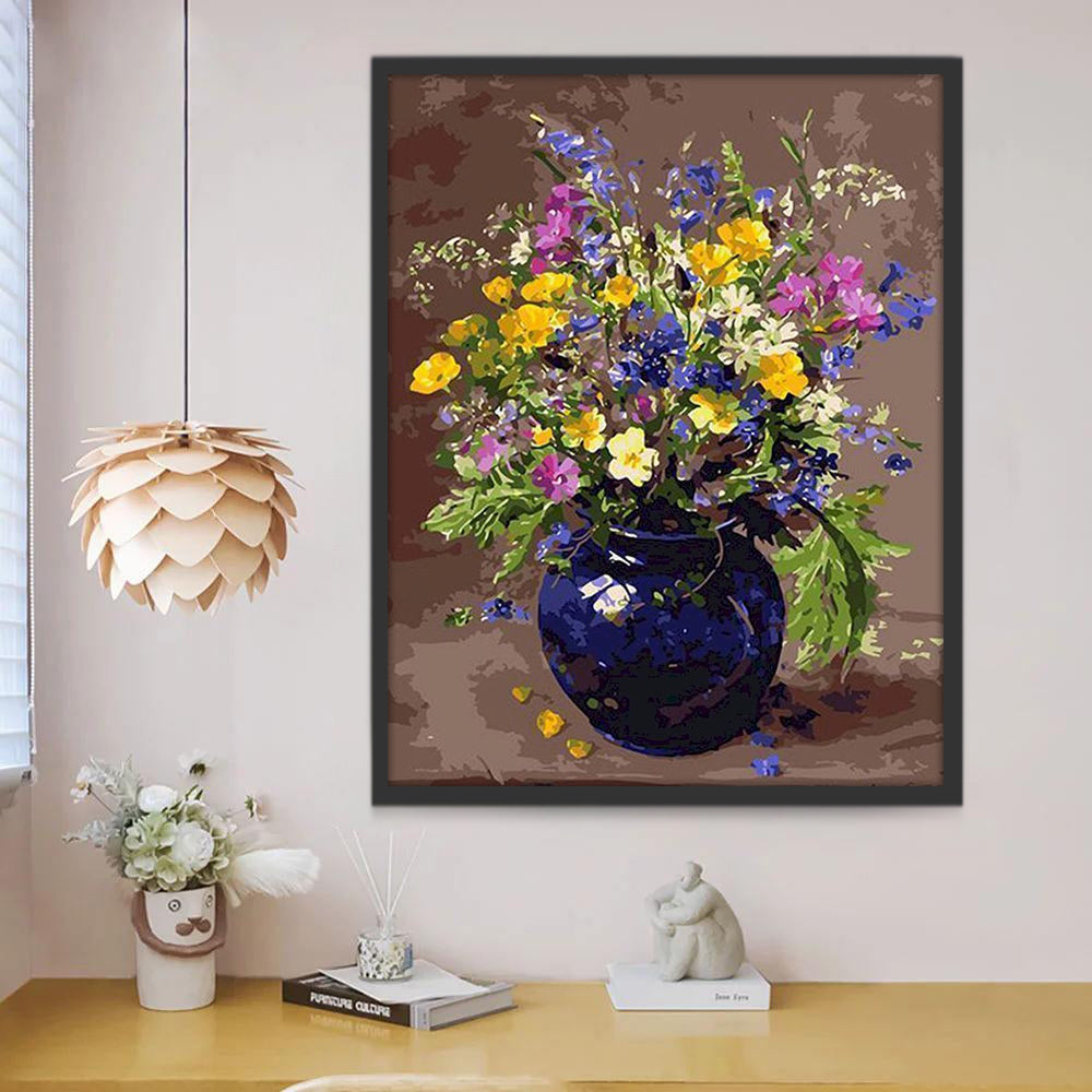 Flores Hermosas en Florero Azul Oscuro Pintar por Números