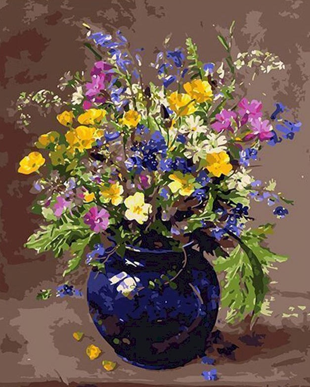 Flores Hermosas en Florero Azul Oscuro Pintar por Números