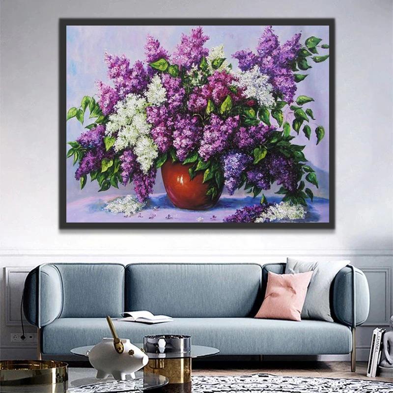 Flores Hermosas en Florero Rojo con Fondo Morado Pintar por Números