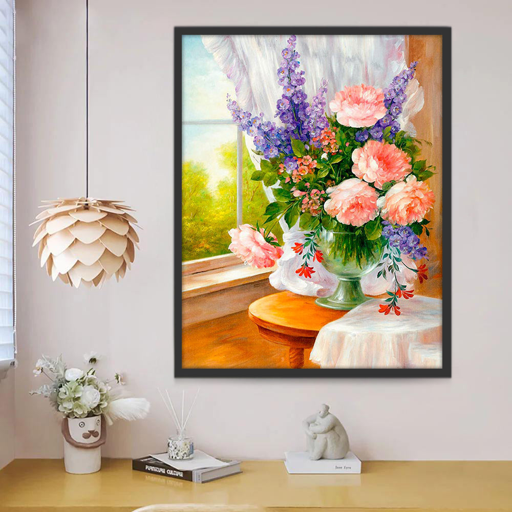 Flores Hermosas en Florero sobre Mesa Junto a la Ventana Pintar por Números