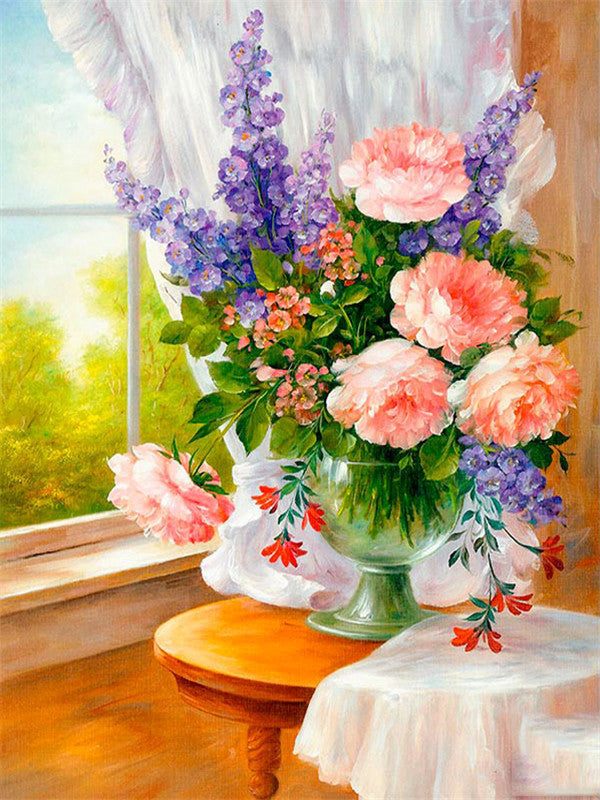 Flores Hermosas en Florero sobre Mesa Junto a la Ventana Pintar por Números
