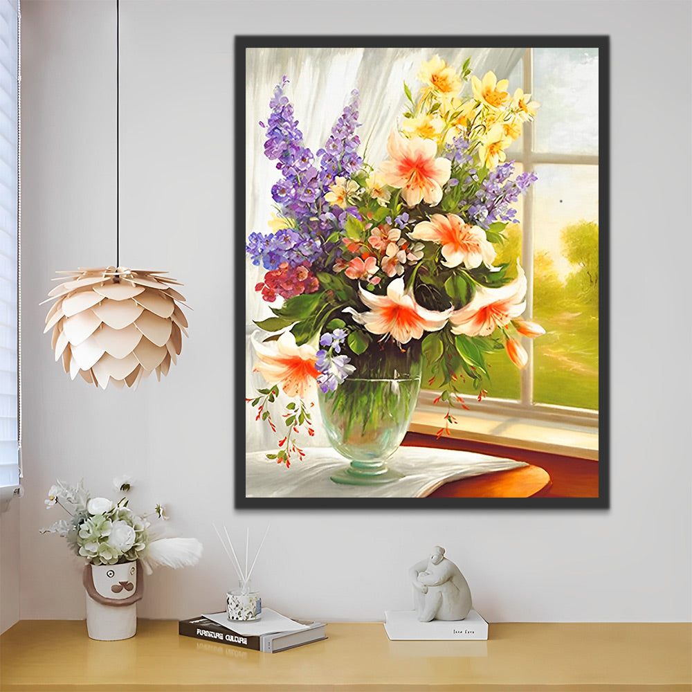 Flores Hermosas en Florero y Paisaje Fuera de Ventana Pintar por Números