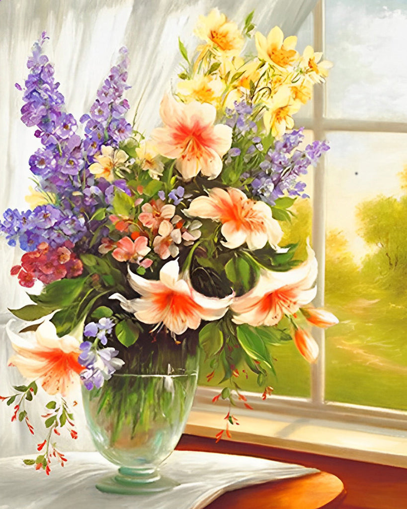 Flores Hermosas en Florero y Paisaje Fuera de Ventana Pintar por Números