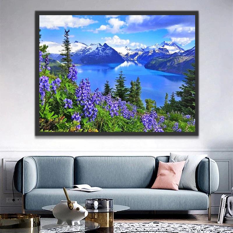 Flores Moradas con Lago y Montañas Pintar por Números