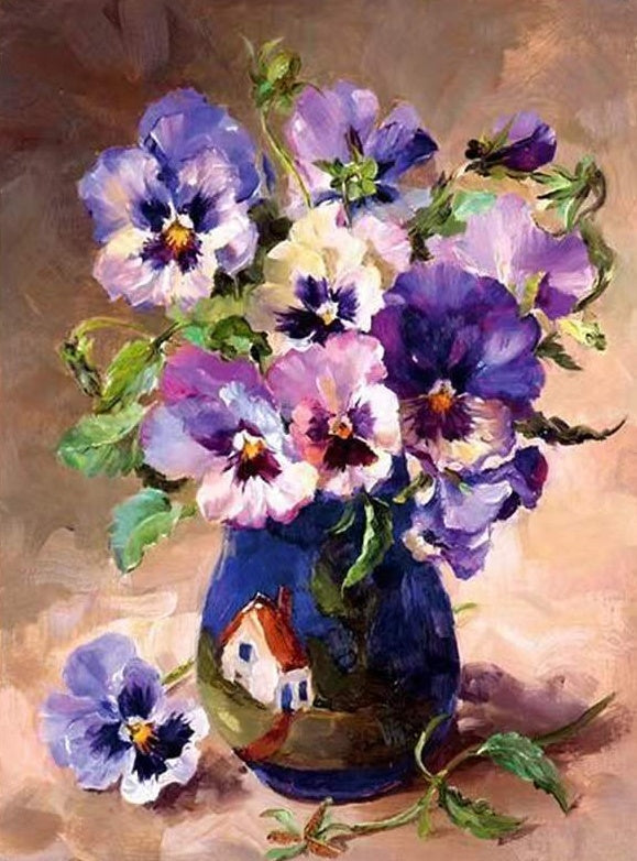 Flores Moradas de Pensamiento en Florero Azul Pintar por Números