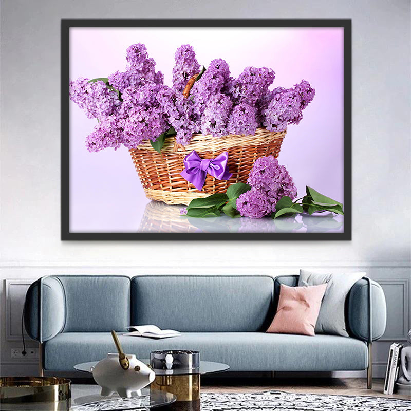 Flores Moradas en Cesta con Lazo de Cinta Violeta Pintar por Números