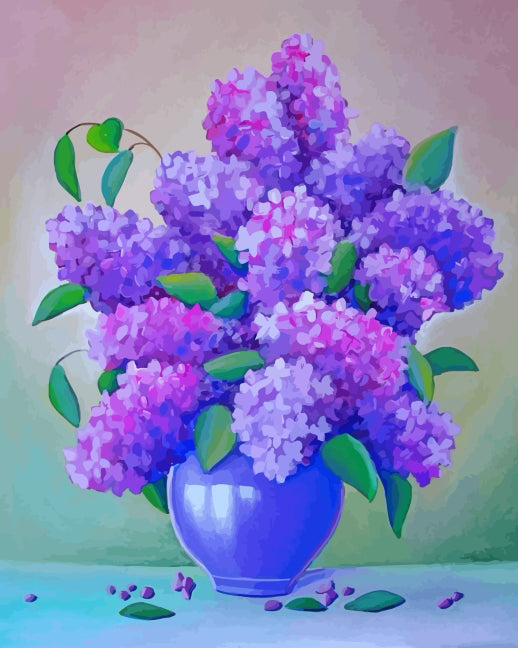 Flores Moradas en Florero Azul con Fondo Claro Pintar por Números