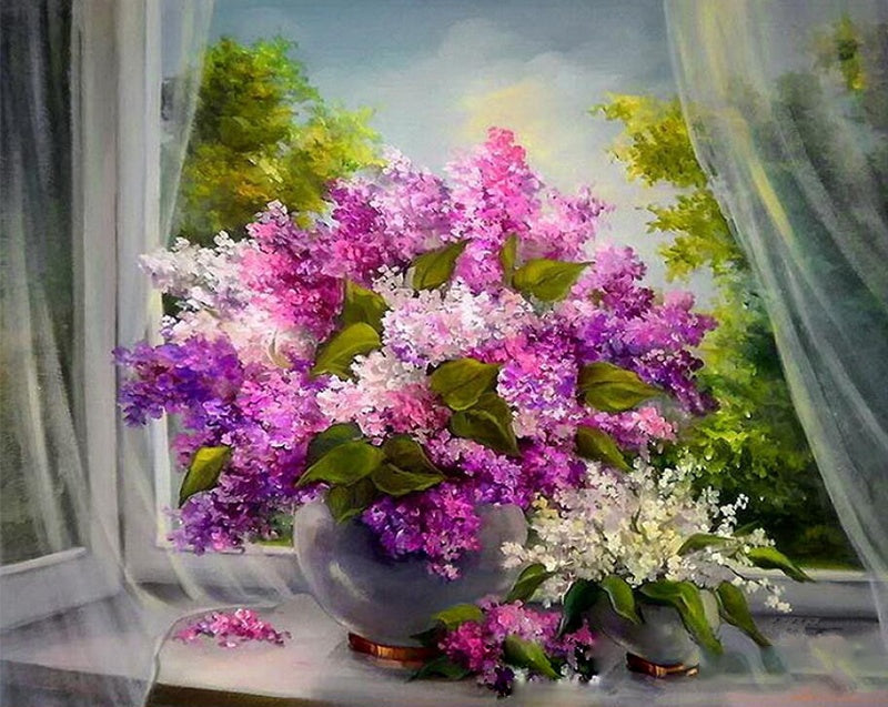Flores Moradas en Florero y Árboles Fuera de Ventana Pintar por Números