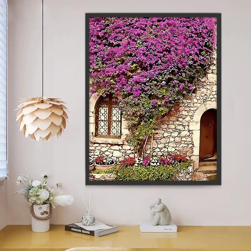 Flores Moradas en la Pared de Piedra con Puerta y Ventana Pintar por Números