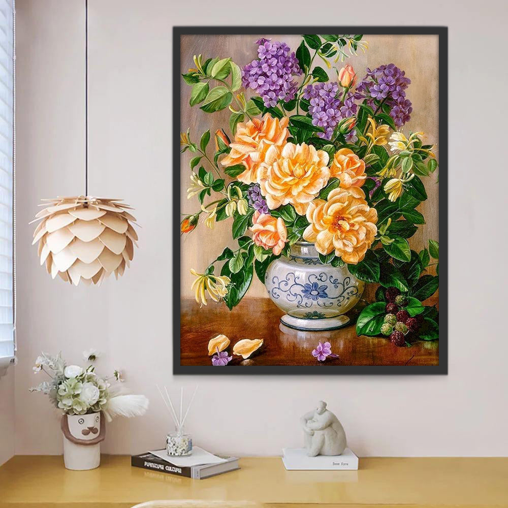 Flores Moradas y Amarillas en Florero Chino de Cerámica Pintar por Números