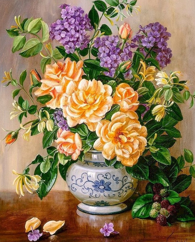 Flores Moradas y Amarillas en Florero Chino de Cerámica Pintar por Números